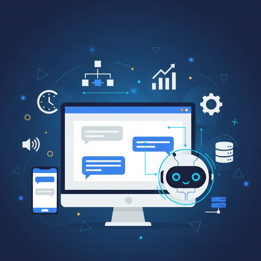 Illustration of a robot hand interacting with a digital chat interface, representing AI automation.
