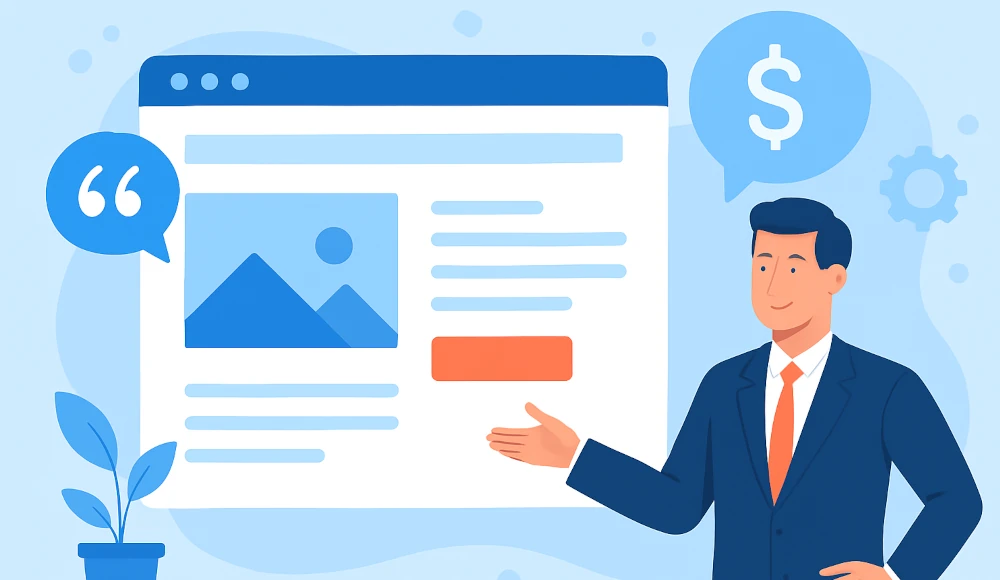 A stylized illustration of a website on a laptop acting as a friendly salesperson for a customer.